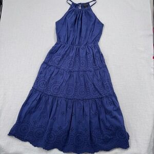 Design 365 Navy Blue Cotton Eyelet Tiered Halter Midi Dress Scalloped Hem Boho